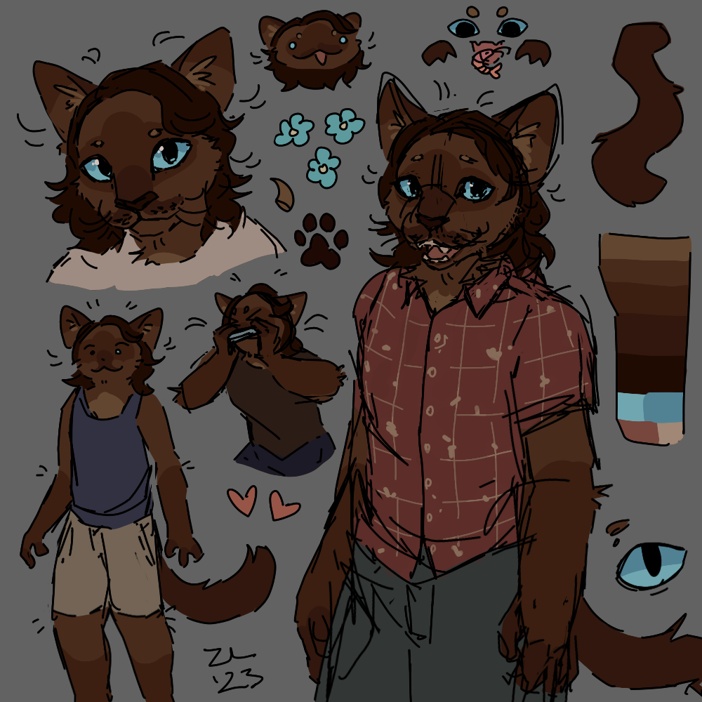 sketch page of a furry version of ambrose kenny-smith(of king gizzard fame)